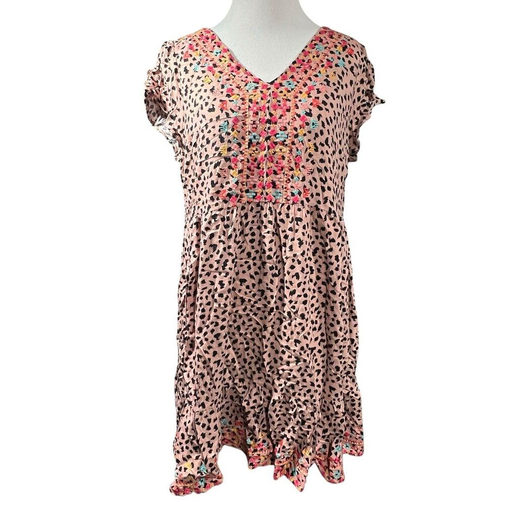 Savanna Jane Womens Medium Peasant Dress Pink Embroidered Leopard Boho southwest